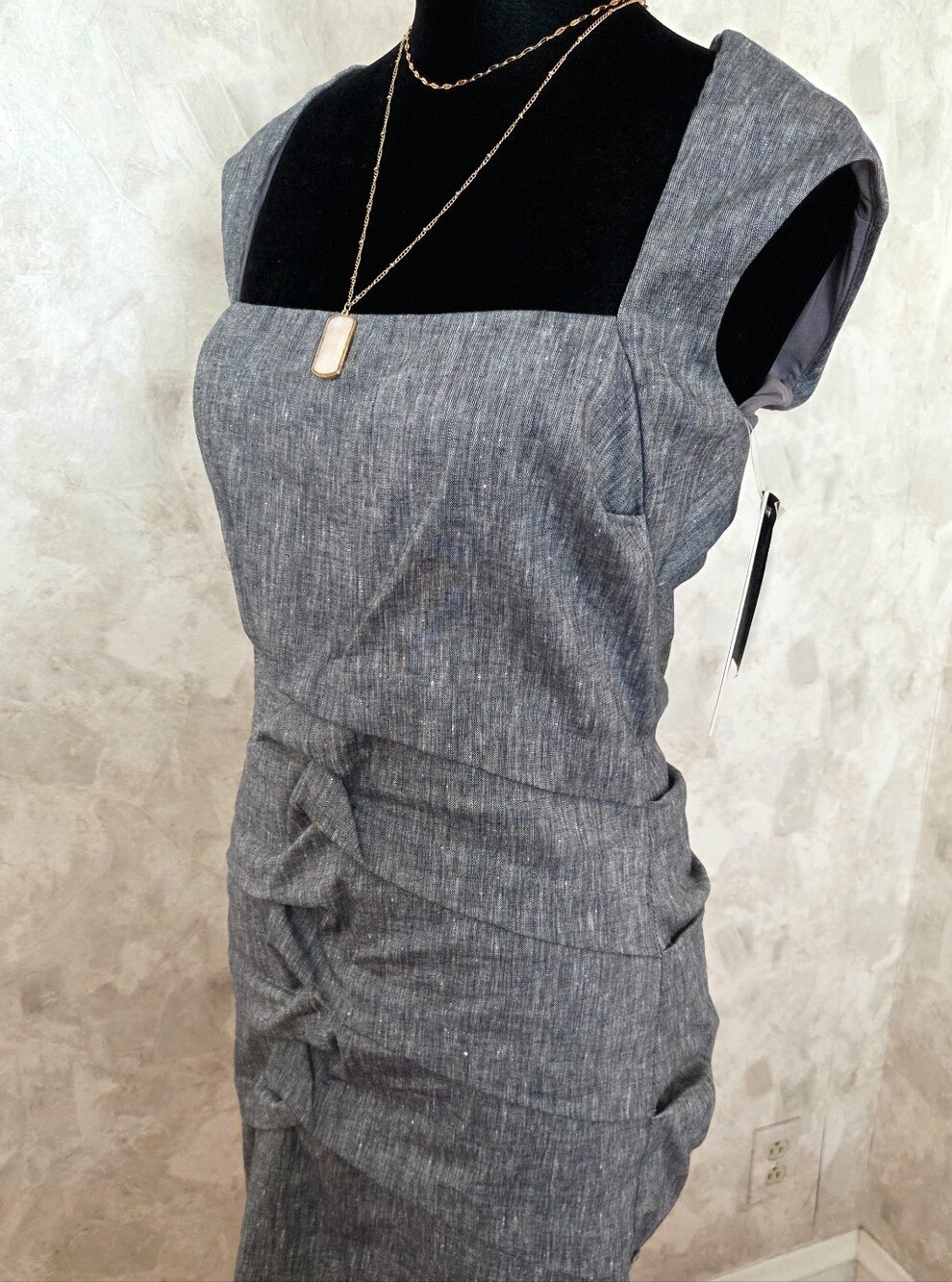 Nicole Miller Studio Linen Blend Ruched Sheath Dress Gray Structured Size 10 - Picture 4 of 15